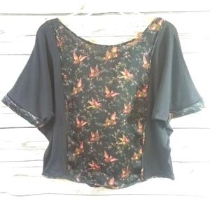 Anthropologie Black Panel Blouse with Floral Accent
